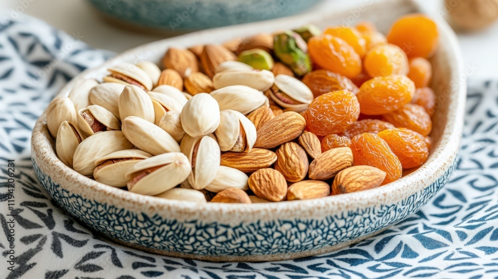 Delicious Mixed Nuts and Dried Fruits in a Blue and White Ceramic Bowl, Perfect for Snacking or Gifting Delicious Mixed Nuts and Dried Fruits in a Blue and White Ceramic Bowl, Perfect for Snacking or Gifting