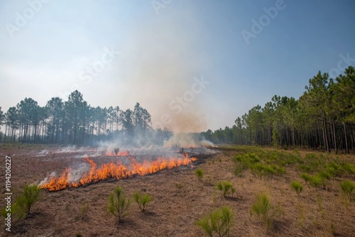 A controlled fire engages in a prescribed burn to manage vegetation in a forest area, with smoke drifting upward beneath a clear sky