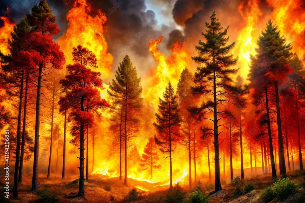 Fiery Forest Inferno: Dramatic Clipart Style Wildfire Image Fiery Forest Inferno: Dramatic Clipart Style Wildfire Image