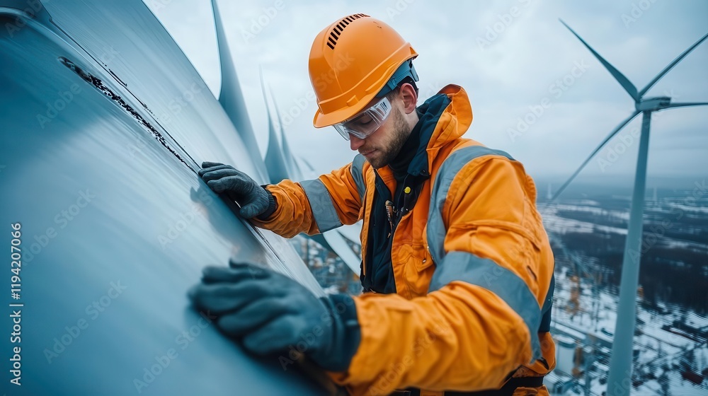 A technician in an orange safety suit inspects a wind turbine blade on a cloudy day, showcasing renewable energy maintenance. A technician in an orange safety suit inspects a wind turbine blade on a cloudy day, showcasing renewable energy maintenance.