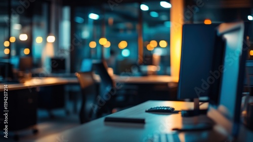 A dimly lit office space with computers and chairs, suggesting a late working atmosphere.