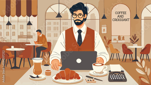 A man wearing glasses is doing work accompanied by a cup of coffee and croissant