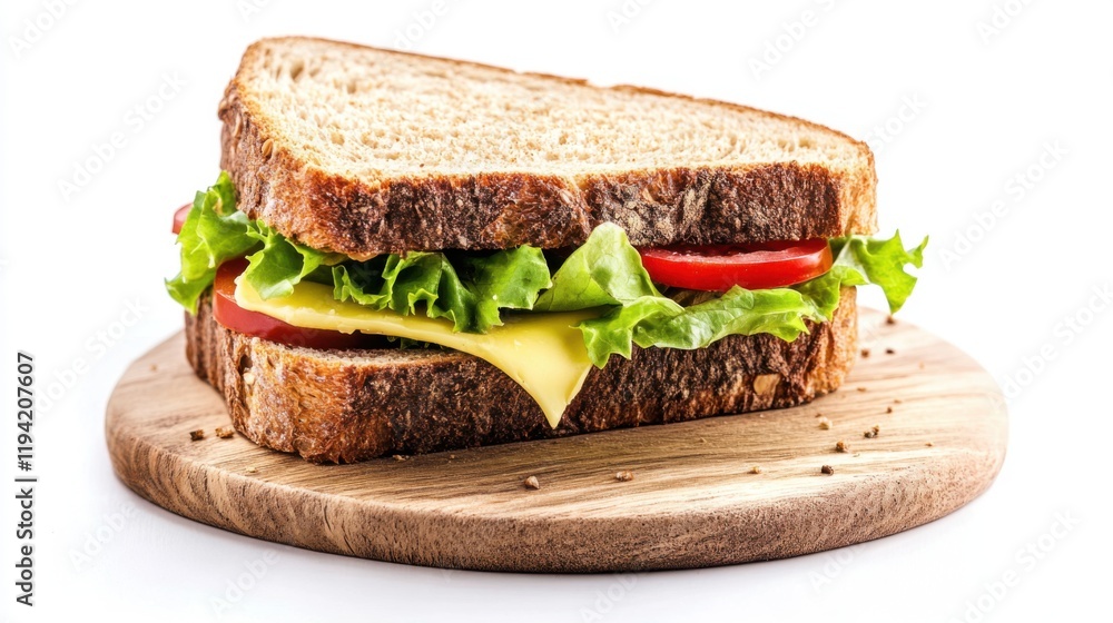 Freshly Made Sandwich with Whole Grain Bread, Crispy Lettuce, Juicy Tomato, and Creamy Cheese on a Wooden Cutting Board Against a White Background Freshly Made Sandwich with Whole Grain Bread, Crispy Lettuce, Juicy Tomato, and Creamy Cheese on a Wooden Cutting Board Against a White Background