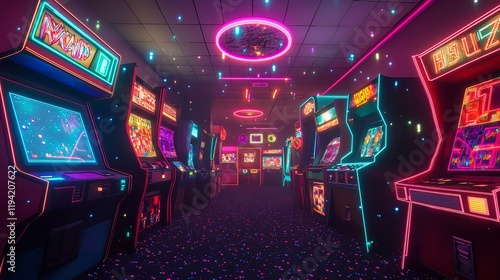 A colorful arcade filled with retro video games and flashing lights, capturing the nostalgia of 80s gaming culture photo