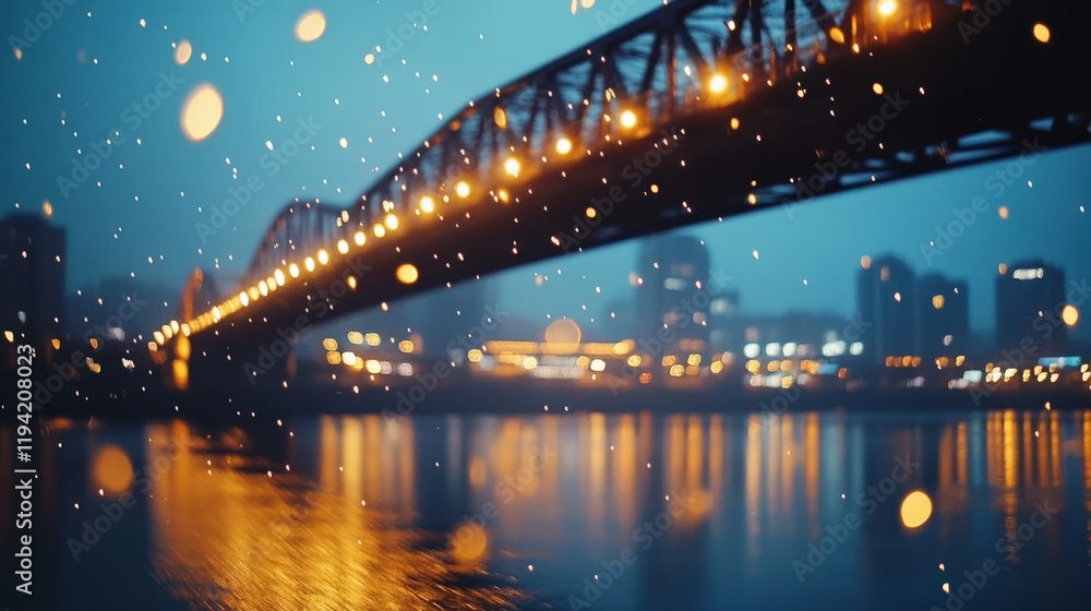 Naklejka premium Illuminated Bridge Over Calm River at Night, Perfect for Wall Art or Digital Background