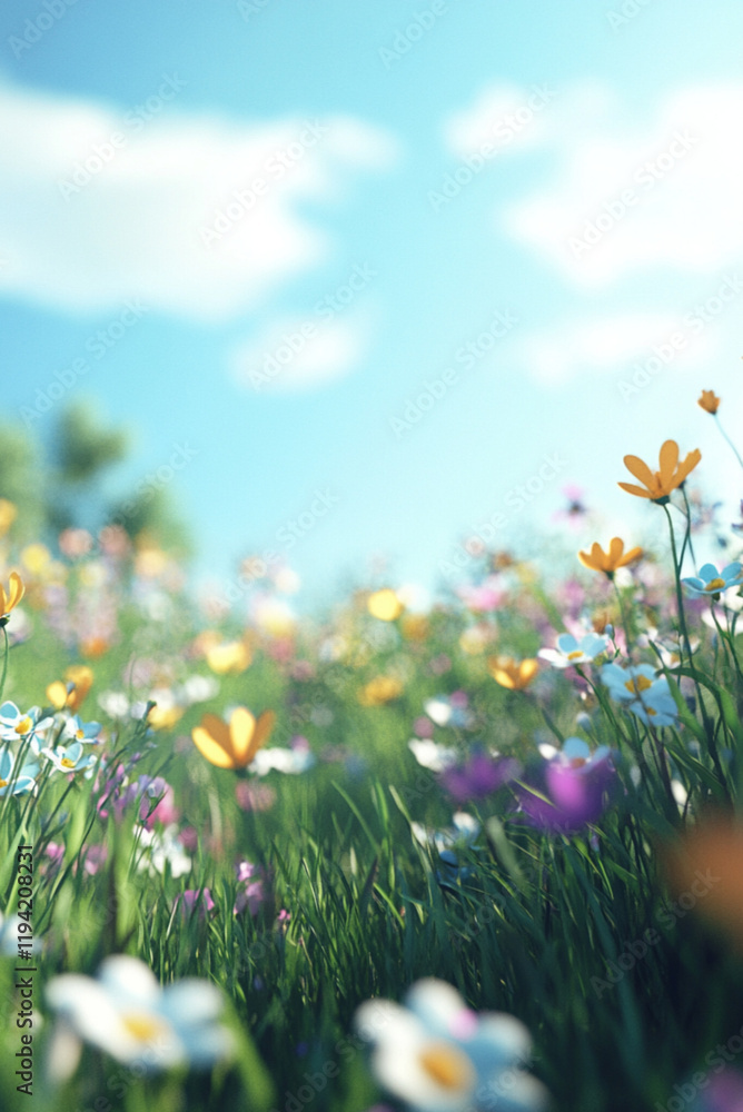 spring background with flowers in the grass, clear sky, simple style spring background with flowers in the grass, clear sky, simple style