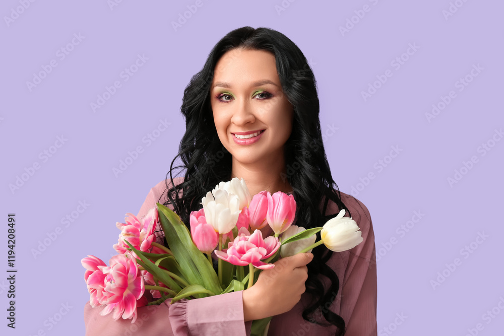 Beautiful young woman with bouquet of tulips on lilac background. International Women's Day Beautiful young woman with bouquet of tulips on lilac background. International Women's Day