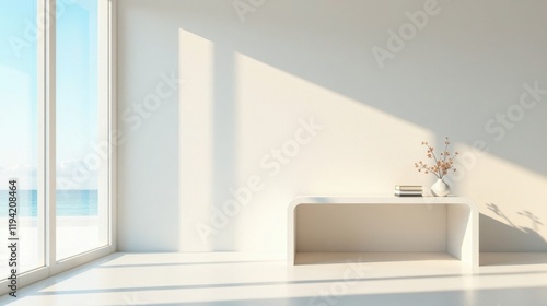 Wallpaper Mural Serene Minimalist Room with Ocean View and Sunlight Accentuating a Modern White Console Torontodigital.ca