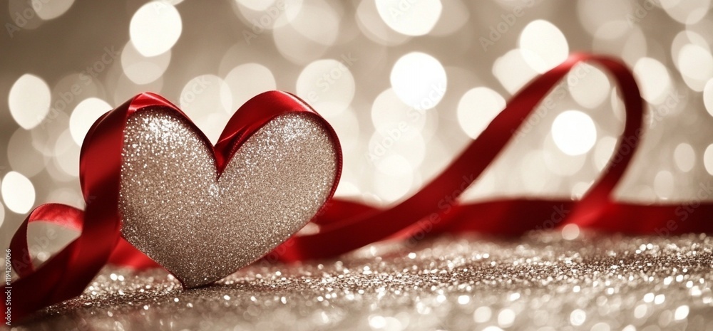Fototapeta premium Romantic Silver Glitter Heart with Red Ribbon Valentine's Day Decoration love card gift soft shiny macro