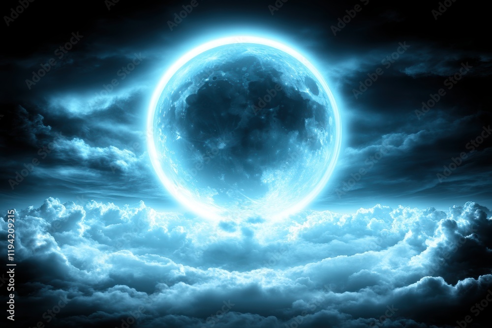 A luminous blue moon shines brightly above a misty cloudscape, creating a mystical and serene nighttime atmosphere. A luminous blue moon shines brightly above a misty cloudscape, creating a mystical and serene nighttime atmosphere.