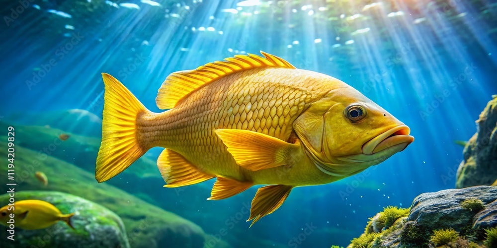 Fototapeta premium Giant Yellow Fish Swimming Left, Copy Space, Underwater Scene