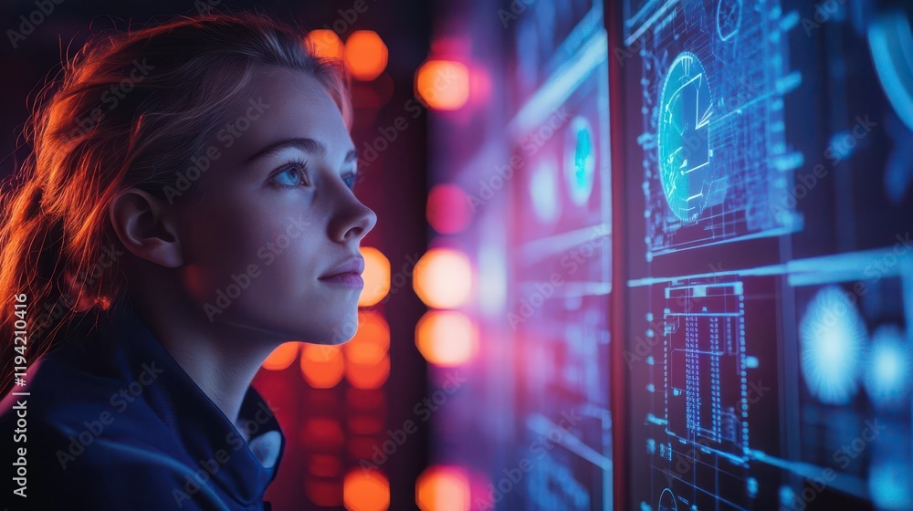 A focused individual examines futuristic, glowing data displays, embodying the intersection of technology and human curiosity in a digital landscape. A focused individual examines futuristic, glowing data displays, embodying the intersection of technology and human curiosity in a digital landscape.