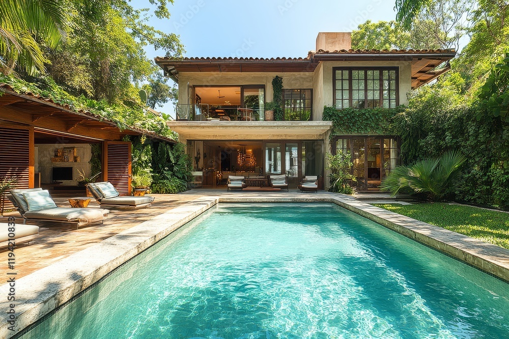 Fototapeta premium Modernist villa with pool and terrace, beige concrete walls, wooden slats on facade, large windows overlooking garden, high-end interior design in Miami Beach.