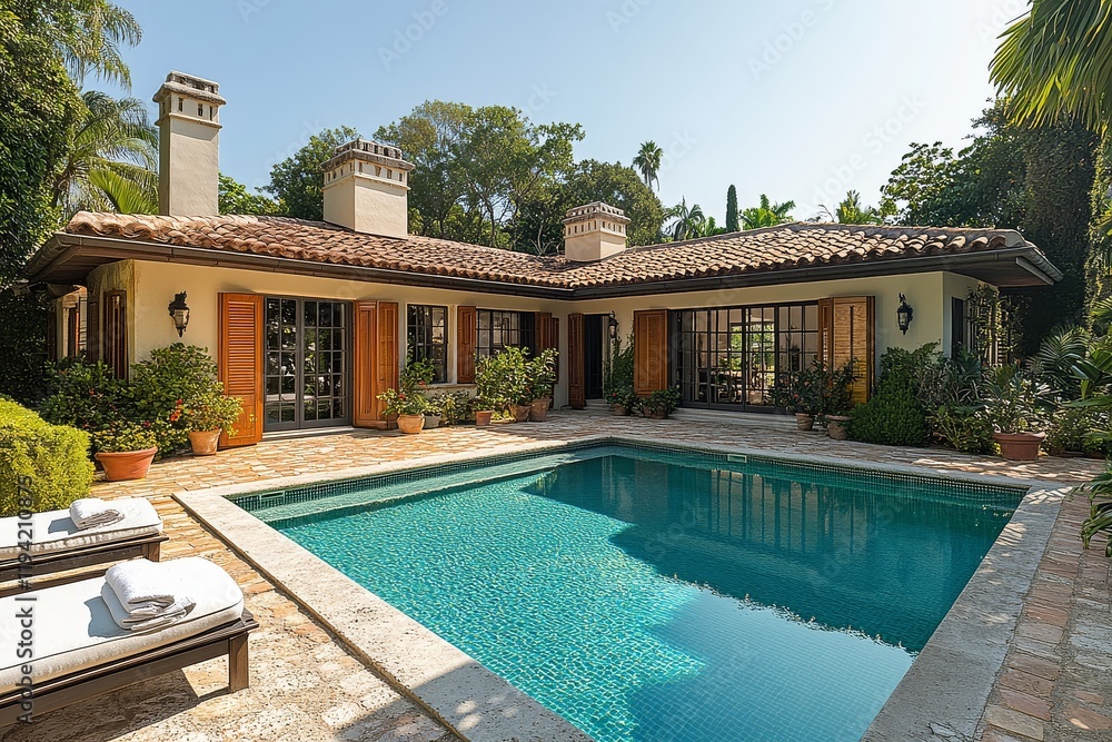 Fototapeta premium Modernist villa with pool and terrace, beige concrete walls, wooden slats on facade, large windows overlooking garden, high-end interior design in Miami Beach.