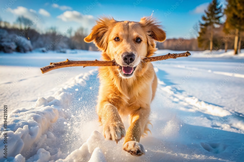 Golden Retriever Puppy Playing in Snowy Winter Wonderland - Drone Aerial View Golden Retriever Puppy Playing in Snowy Winter Wonderland - Drone Aerial View