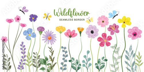 Minimalist Wildflower Illustration - Seamless Watercolor Floral Arrangements With Butterflies