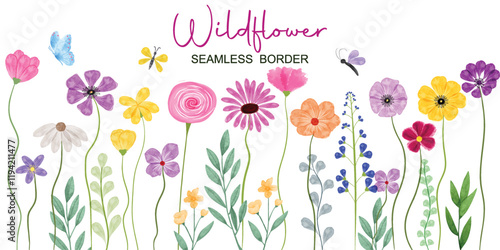 Minimalist Wildflower Illustration - Seamless Watercolor Floral Arrangements With Butterflies