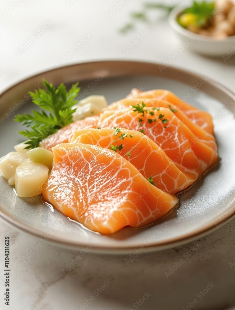 Fresh sashimi platter with salmon and garnish on elegant ceramic plate Fresh sashimi platter with salmon and garnish on elegant ceramic plate