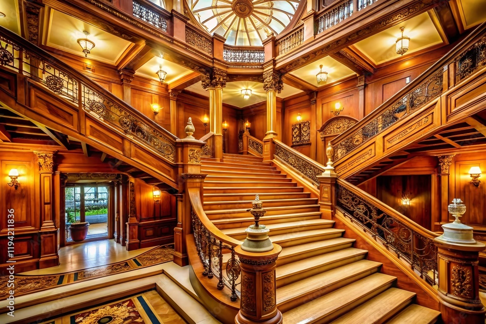 Fototapeta premium Grand Staircase, Titanic Interior: Luxurious Vintage Steamship Photo