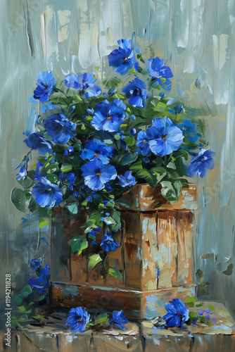 blue poenies in a wooden farmhouse planter, oil painting photo