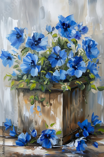 blue poenies in a wooden farmhouse planter, oil painting photo