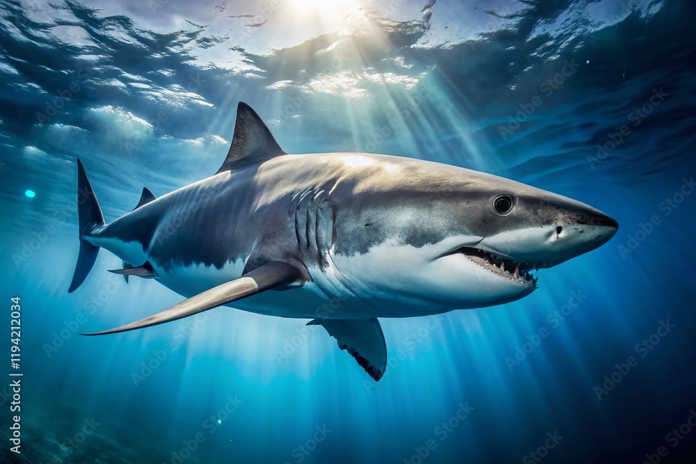 Fototapeta premium Great White Shark Close-Up: Side View Macro Photography of Oceanic Predator