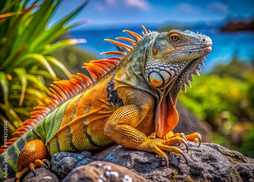 Fototapeta premium Green Iguana in Tropical Habitat - Full Body Aerial View