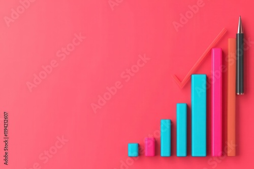 Free Download A colorful bar chart depicting growth trends on a vibrant pink background, accompanied by a pen, symbolizing analysis and strategy. - GFXLoad