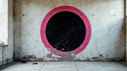 A weathered concrete room features a large, faded pink and black circular design on the wall, adding a touch of unexpected color to the otherwise austere space. photo