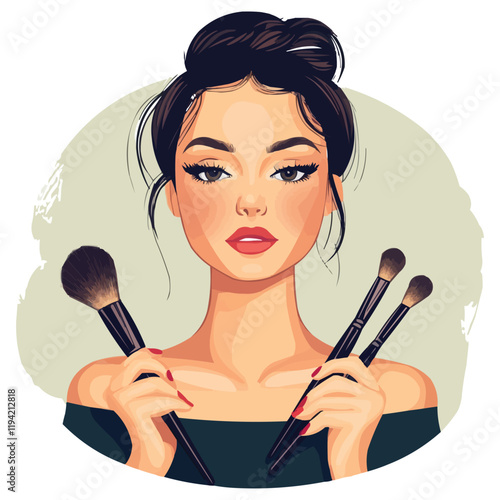 girl with makeup brushes in hands vector isolated on solid background