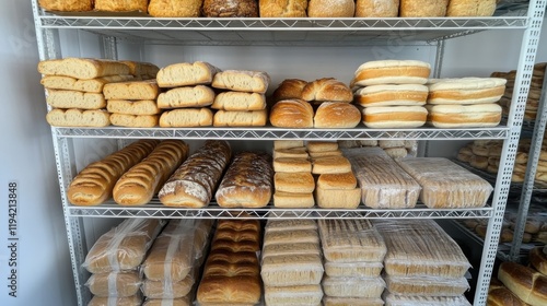 Freshly Baked Assortment of Breads on Metal Rack in Bakery Display - A Variety of Loaves Including Sliced, Rustic, and Soft Bread Types for Delicious Meals and Snacks