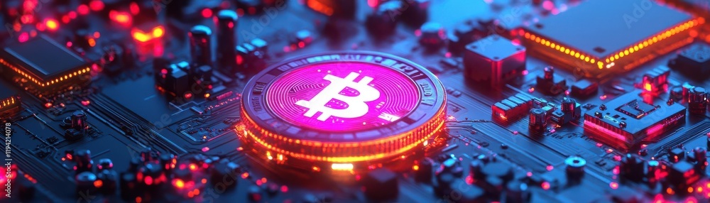 A vibrant close-up of a Bitcoin symbol illuminated on a circuit board, showcasing the intersection of cryptocurrency and technology. A vibrant close-up of a Bitcoin symbol illuminated on a circuit board, showcasing the intersection of cryptocurrency and technology.