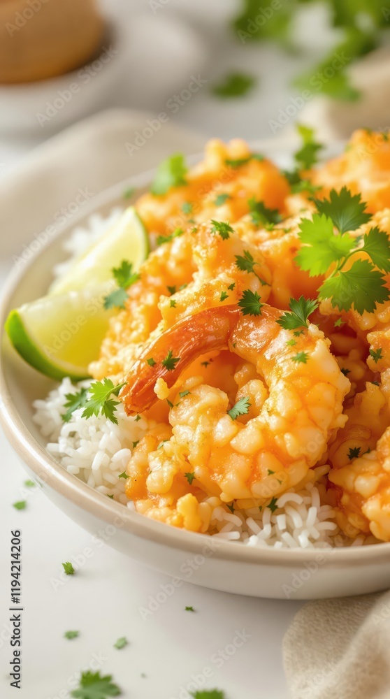 Delicious shrimp curry with rice and lime garnished with fresh cilantro Delicious shrimp curry with rice and lime garnished with fresh cilantro