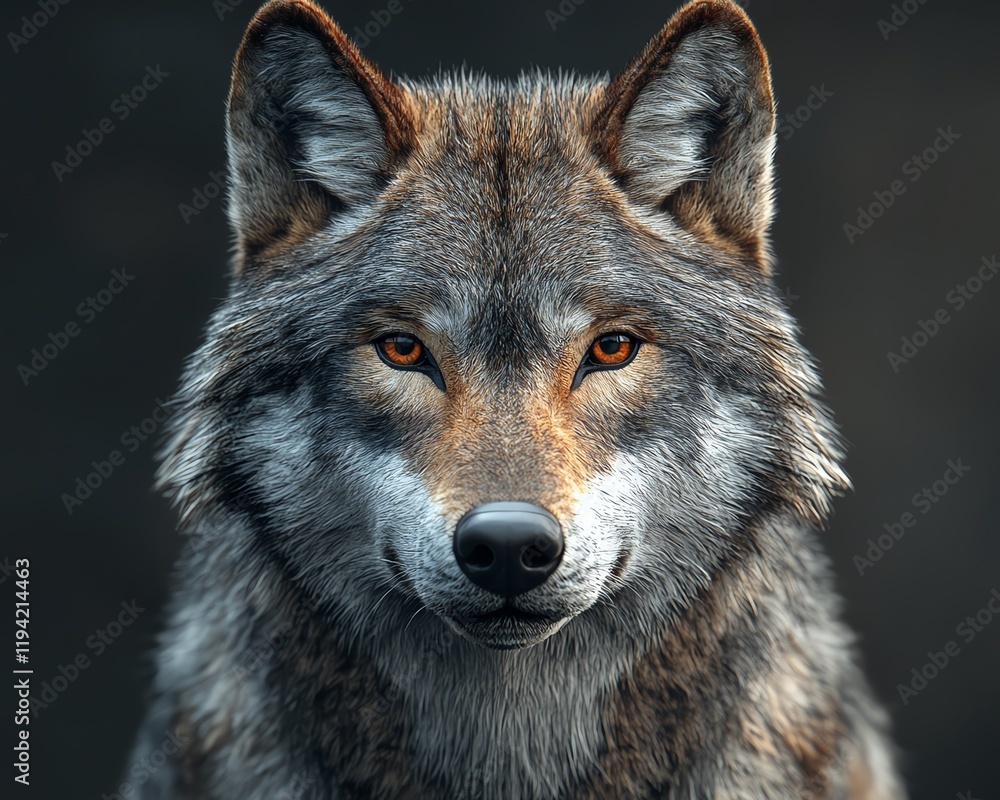 Digital art of a wolfs head with a piercing look, detailed fur, and a lifelike expression, creating a stunning portrayal of this wild creature