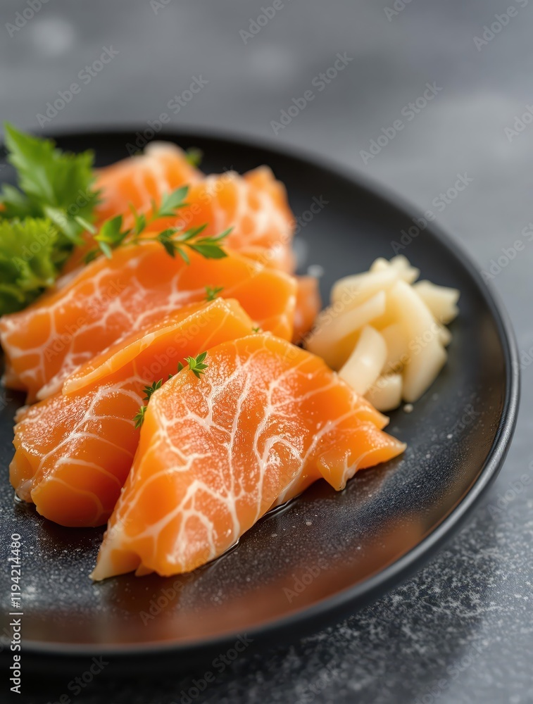 Fresh salmon sashimi with pickled ginger and greens on black plate Fresh salmon sashimi with pickled ginger and greens on black plate