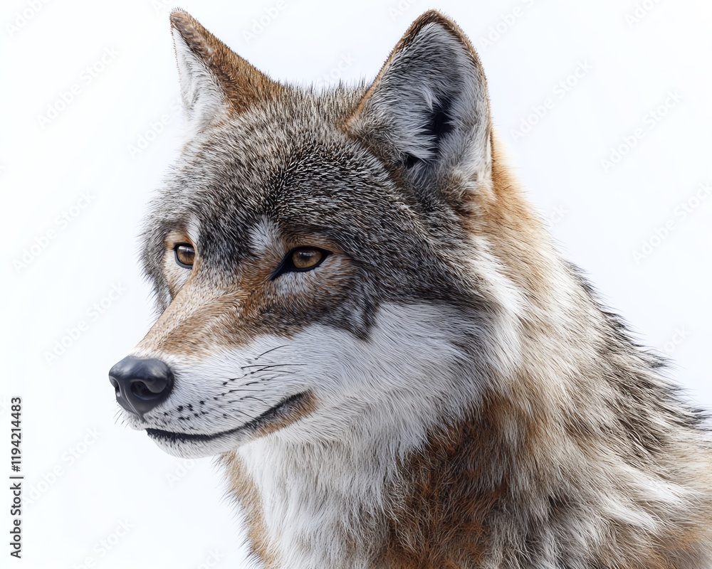 Obraz premium Digital art of a wolfs head with a piercing look, detailed fur, and a lifelike expression, creating a stunning portrayal of this wild creature
