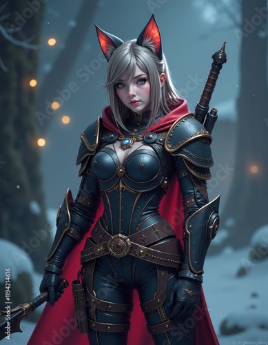 Fantasy warrior with fox ears in enchanted winter forest landscape photo