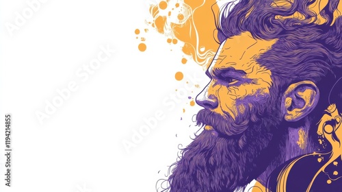 Bold Artistic Representation of a Bearded Man with Music Headphones, Featuring Vibrant Colors and Expressive Elements for Contemporary Design Use photo