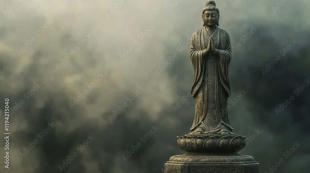 Tranquility in the Mist: A serene Buddha statue stands gracefully amidst a hazy backdrop of swirling mist, radiating an aura of peace and contemplation. Its serene posture invites contemplation. Tranquility in the Mist: A serene Buddha statue stands gracefully amidst a hazy backdrop of swirling mist, radiating an aura of peace and contemplation. Its serene posture invites contemplation.