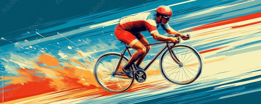 Fototapeta premium Retro cycling digital illustration, depicting a vintage bicycle racer in midmotion, with classic design elements and vibrant tones for a nostalgic look