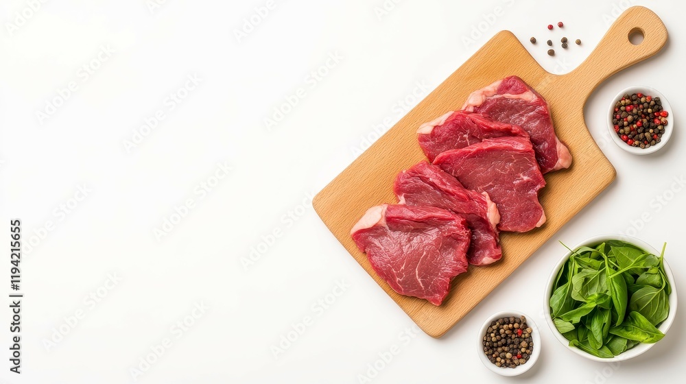Freshly cut beef steaks arranged on a wooden board with herbs and spices in background Freshly cut beef steaks arranged on a wooden board with herbs and spices in background