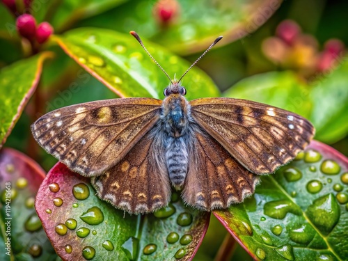 Horace's Duskywing Butterfly on Wet Indian Hawthorn Leaves photo