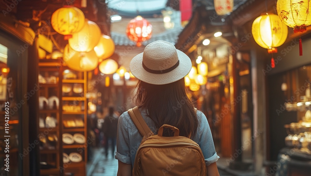 Wanderer Explores Vibrant Night Market with Glowing Lanterns and Unique Shops, Immersive Travel Experience. Wanderer Explores Vibrant Night Market with Glowing Lanterns and Unique Shops, Immersive Travel Experience.