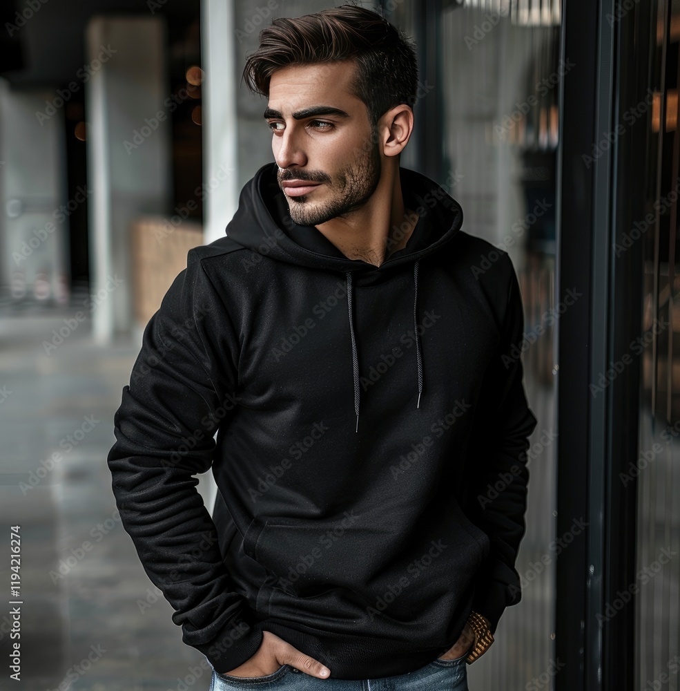 Obraz premium Casual man wearing black hoodie in front of modern outdoor architecture