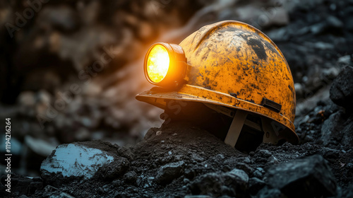 Mining helmet with light resting on coal in dark mine