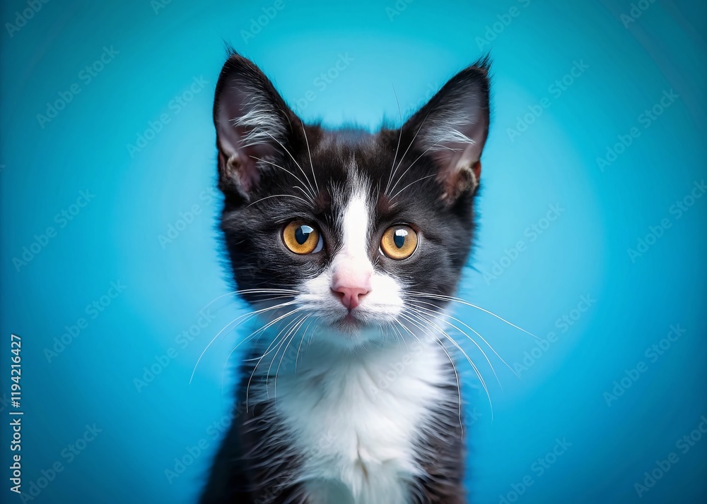 Intense Gaze: Black and White Kitten Portrait with Yellow Eyes - Blue Background Stock Photo Intense Gaze: Black and White Kitten Portrait with Yellow Eyes - Blue Background Stock Photo
