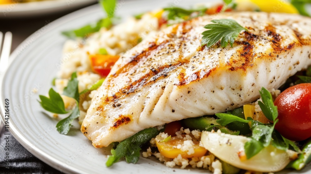 A balanced pescatarian meal, with grilled fish, vegetables A balanced pescatarian meal, with grilled fish, vegetables