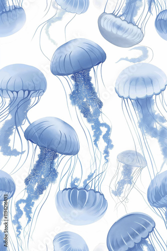 Blue jellyfishes are floating in the ocean creating a seamless pattern