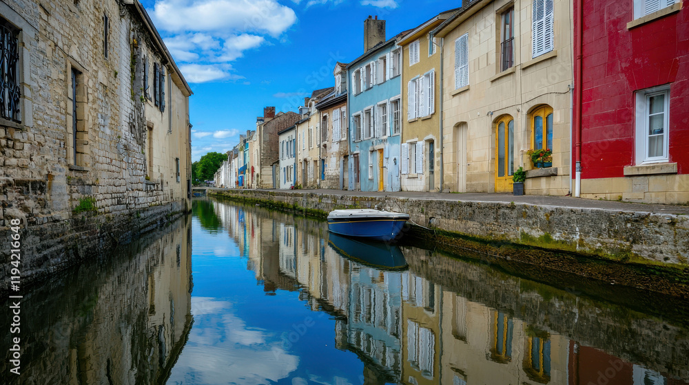 Naklejka premium Charming Canal-side Reflections: A picturesque canal in a quaint European town, with colorful houses lining its banks, their reflections mirrored perfectly in the tranquil water.