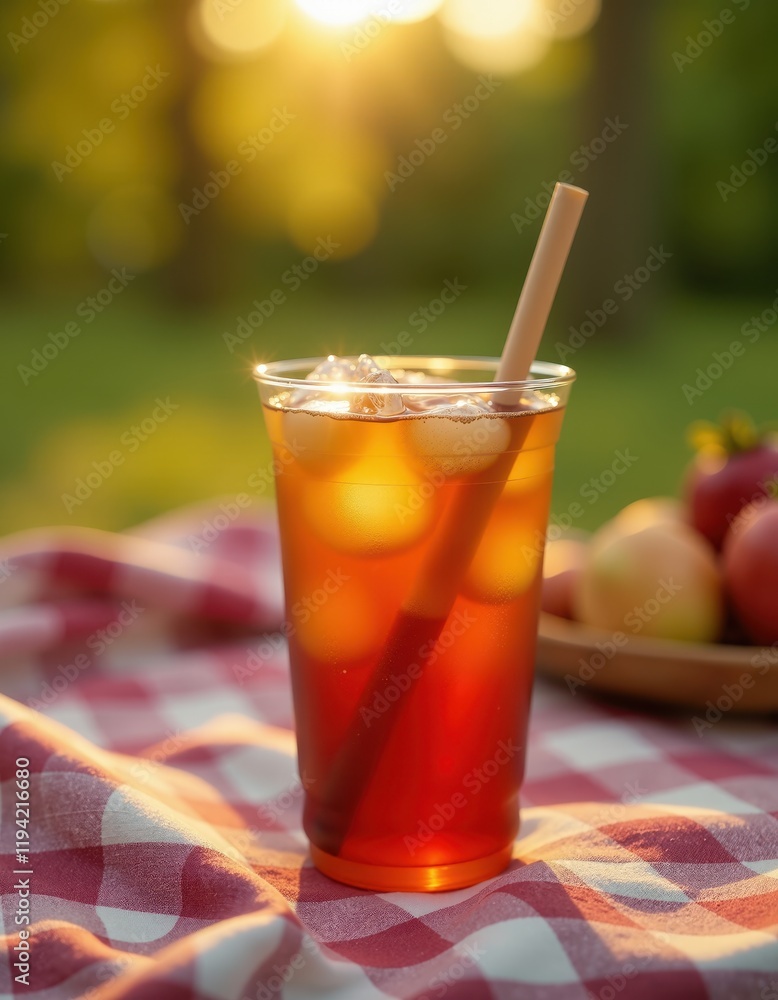 Refreshing iced tea with straw on checkered picnic blanket in sunlit garden